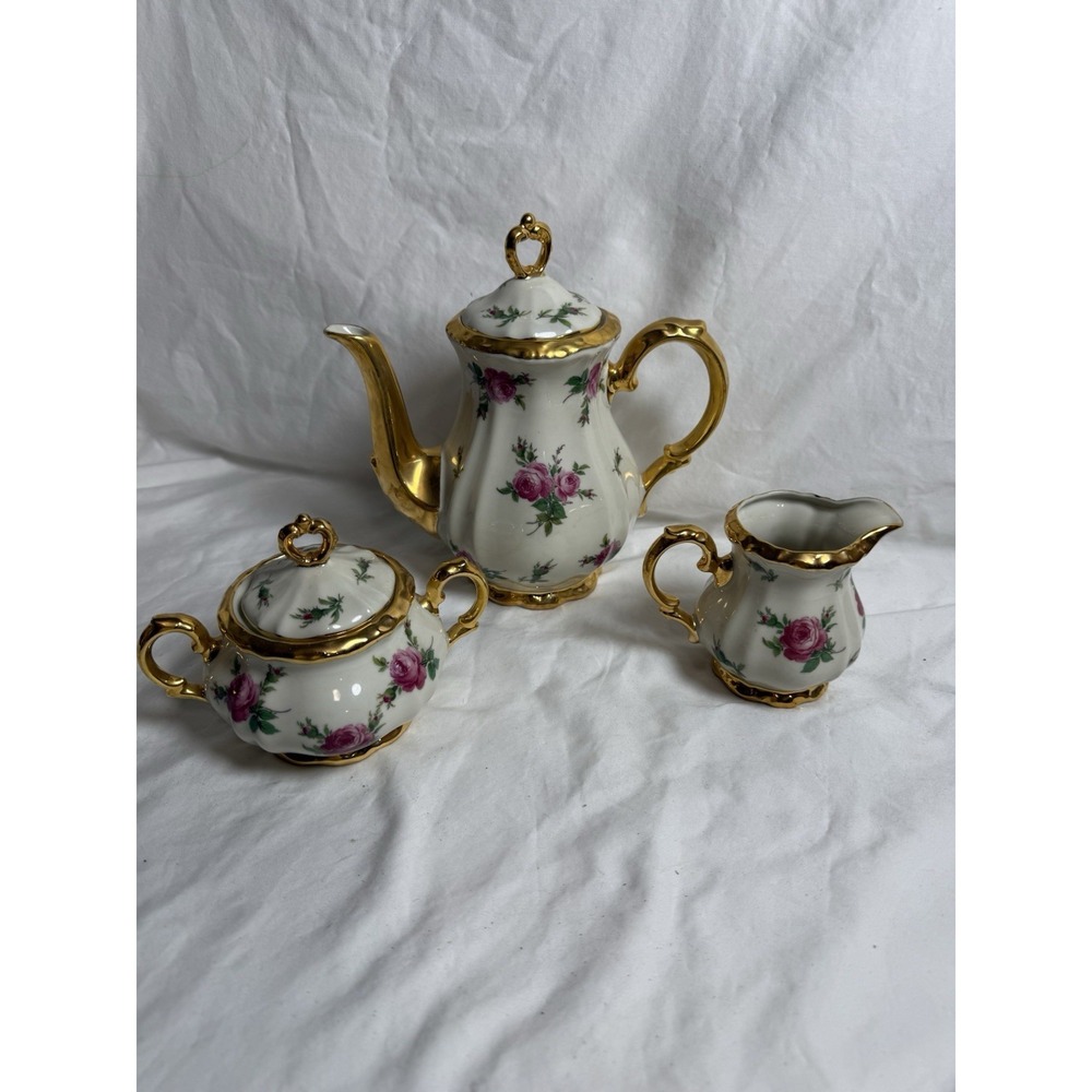 Vintage Bareuther Bavaria Rose Porcelain Coffee Pot Creamer Sugar Bowl Gold Gilt